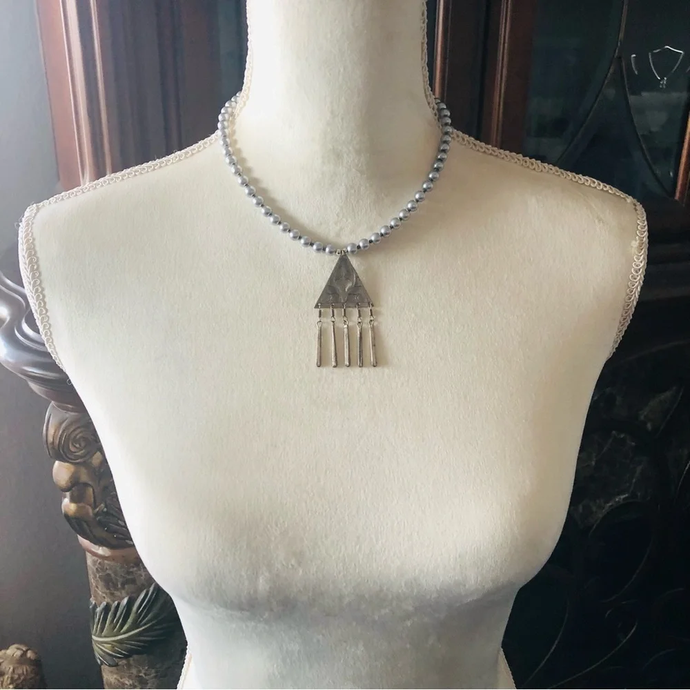 Handcrafted repurpose southwest etched steel pendant Czech glass Pearl necklace